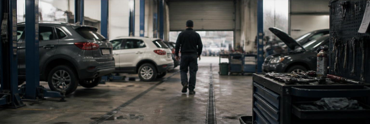 A workshop floor with a technician out of focus in the mid ground.