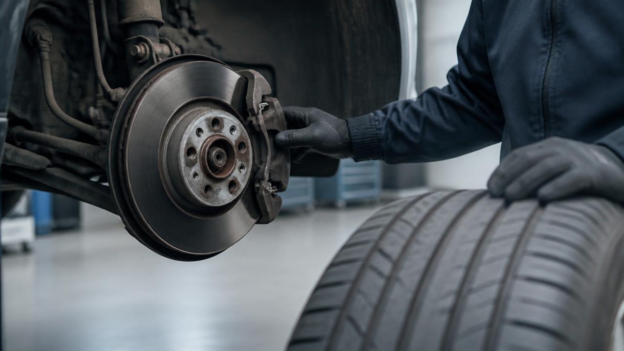 A technician inspecting a brake disc and tyre in a clean workshop bay.