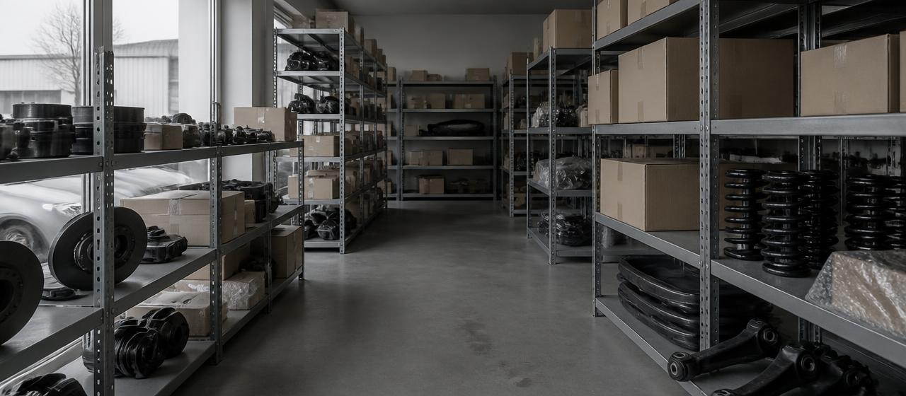 Dealership parts storage shelving in cool daylight.