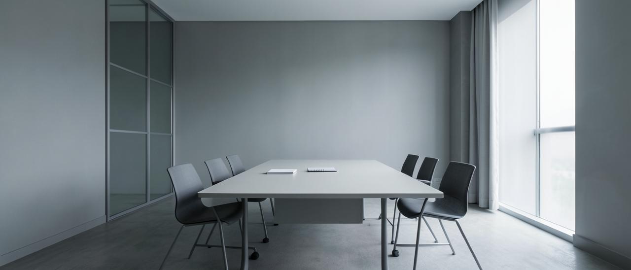A quiet meeting room with a plain table in cool daylight.