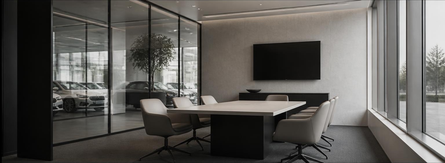 An empty dealership meeting room in cool daylight.