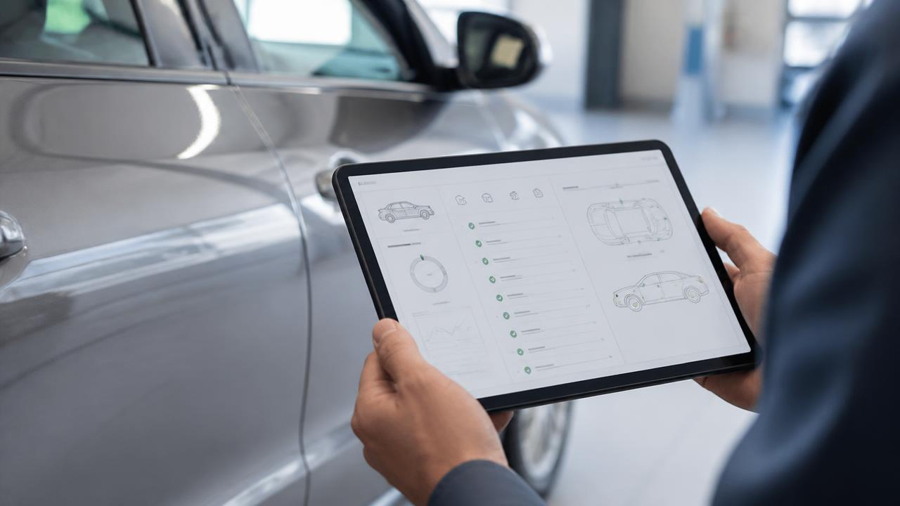 A tablet showing a generic digital vehicle inspection interface in a workshop.