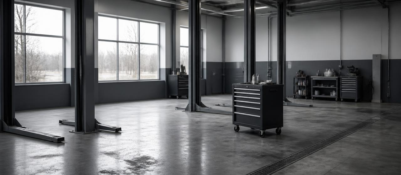 Empty workshop bays with vehicle lifts and a tool cabinet.