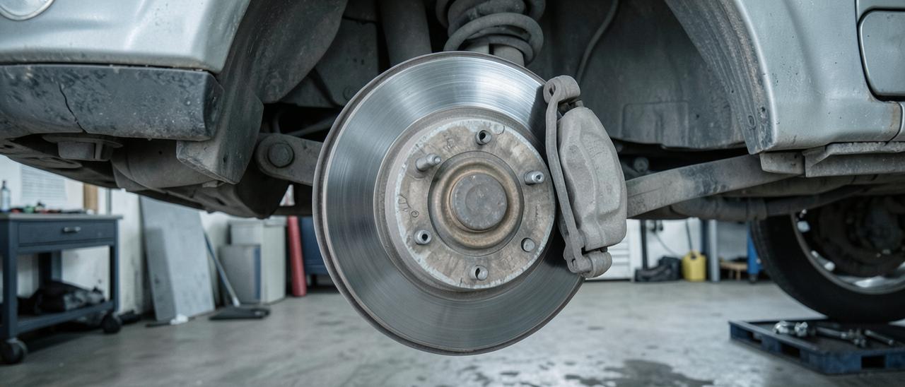 Brake disc and caliper detail on a vehicle raised in a workshop.