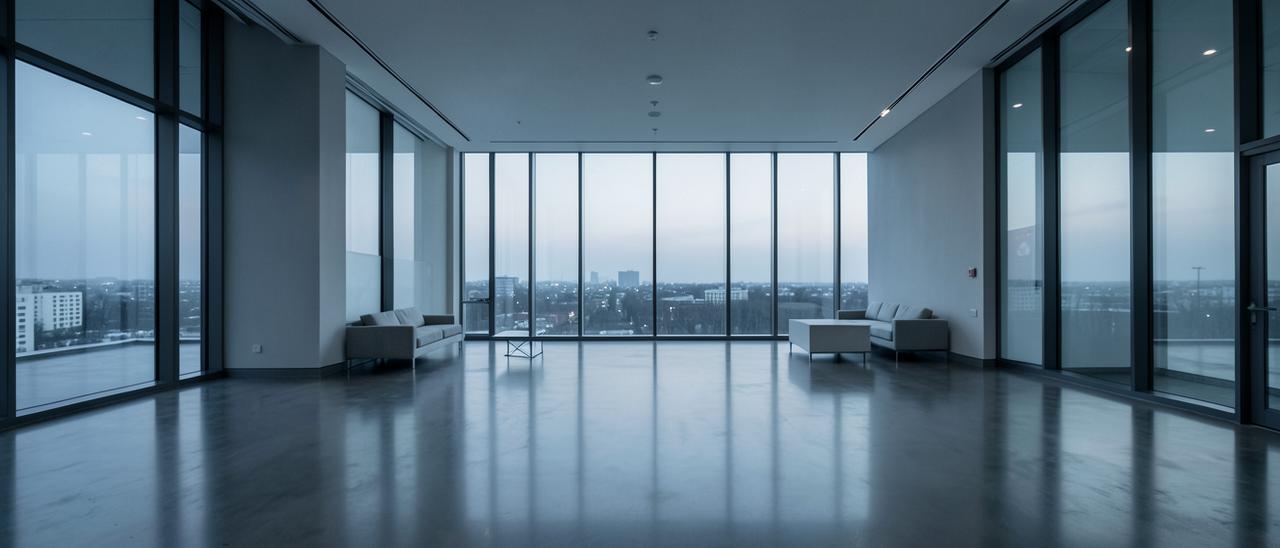 An empty premium showroom interior at dusk.