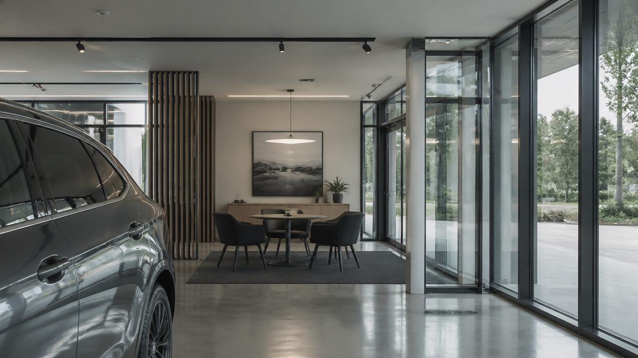 An empty premium automotive showroom with a quiet consultation area.