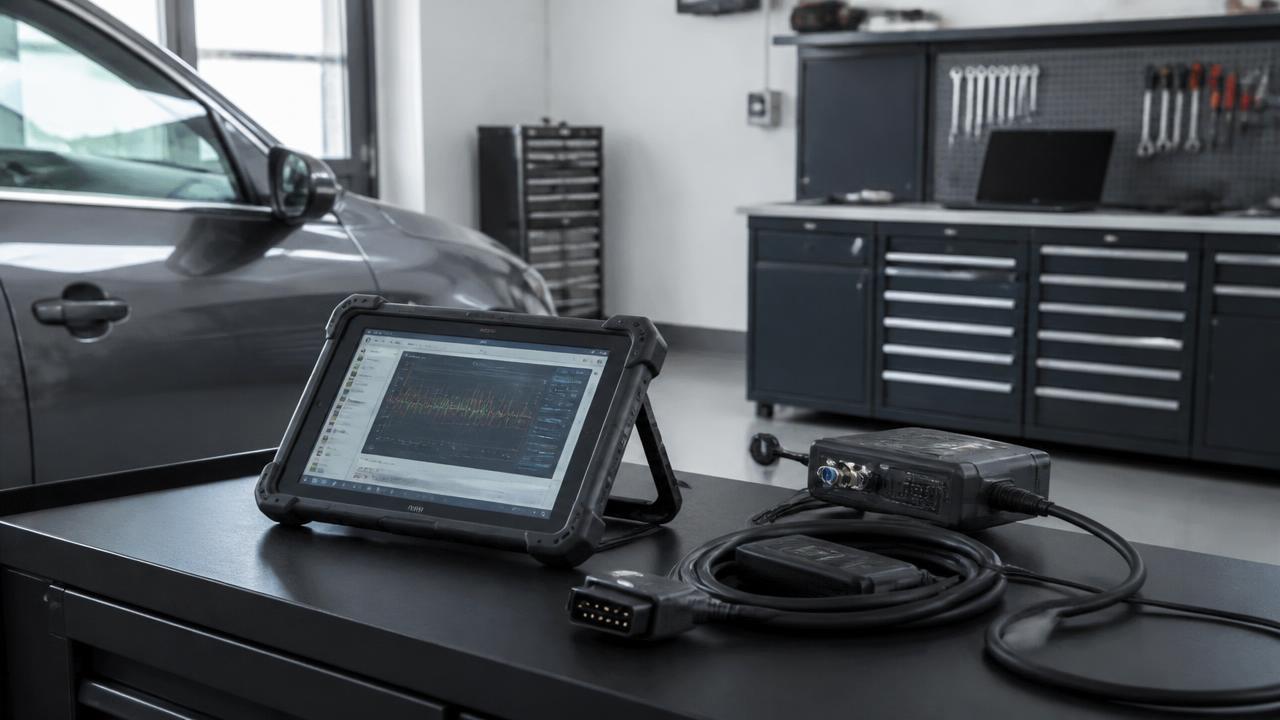 Generic diagnostic equipment and a rugged tablet in a modern workshop bay.