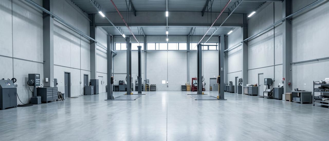 Orderly empty workshop bays with lifts and equipment.